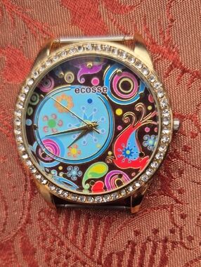 Ecosse Boho Chic Eclectic  Watch Face Colourful Swirls & Flowers Gold-Tone Case
